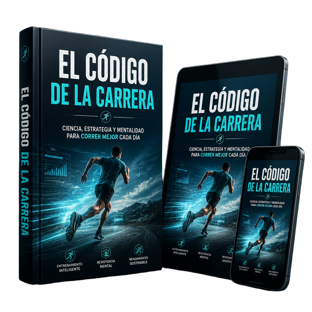 Mockup del ebook El Código de la Carrera en libro, tablet y móvil